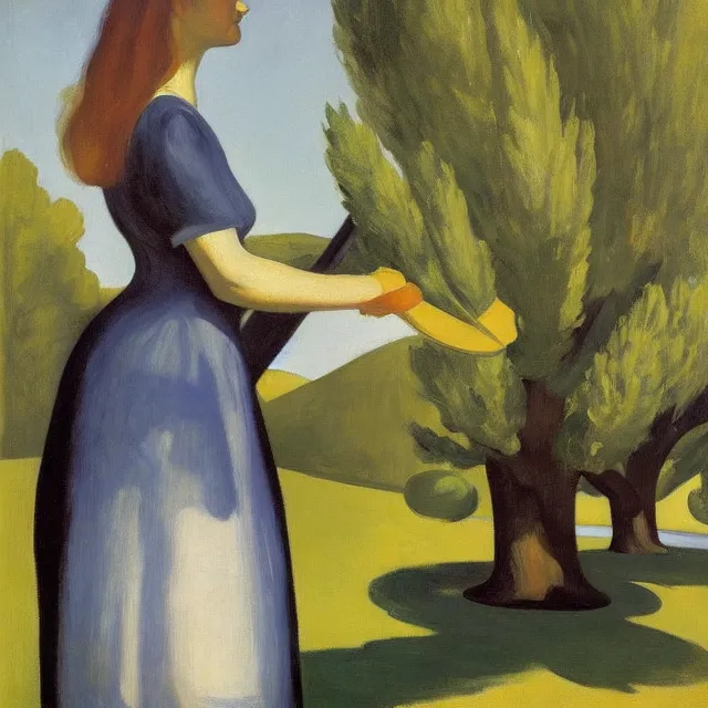 Prompt: a lady dressed in black standing with a very large frying pan in her hand, surrounded by olive trees, front view edward hopper