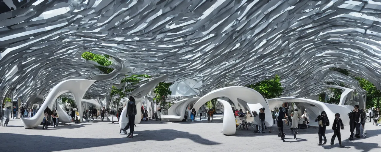 Image similar to futuristic village marketplace, by zaha hadid, in a village street, depth of field, XF IQ4, 150MP, 50mm, F1.4, ISO 200, 1/160s, natural light