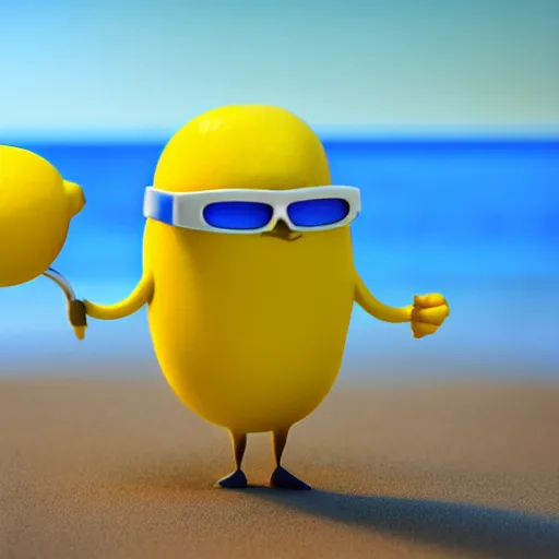 Prompt: a 3 d 4 k render of a lemon character wearing shades on a beach
