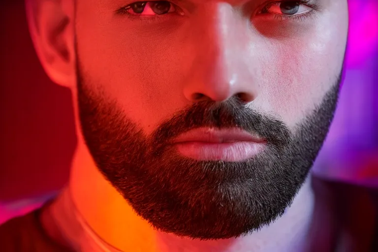 Prompt: handsome man, posing for the camera, neon lighting, closeup!!!!!!, macro!!!!!!, 3 5 mm!!!!!! lens, comprehensive art, neon!!!!!! atmosphere, intricately detailed, indistinguishably unique, 4 k, 8 k, detailed facial features