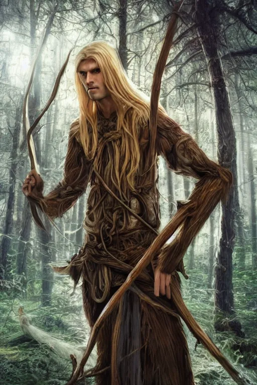 Image similar to A tall slim male wood elf druid posing with a bow in a mystical forest, portrait, long blonde hair, fungi, glowing, wooden armor, magical, fantasy, medieval, highly detailed, dynamic lighting, cinematic, dramatic, sharp focus, focus on face, masterpiece, trending on artstation, concept art, digital painting