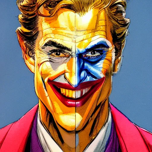 Prompt: photorealistic picture, comic panel by bob peak and alex ross, about arthur fleck joker story, gouache and wash paints, fine details, fine intricate, fine facial proportionate, fine body proportionate, fine fix broken line, fine fix duplicate line, fine background proportionate, smooth focus, sharp details, bokeh, 4 k, fine 5 k details