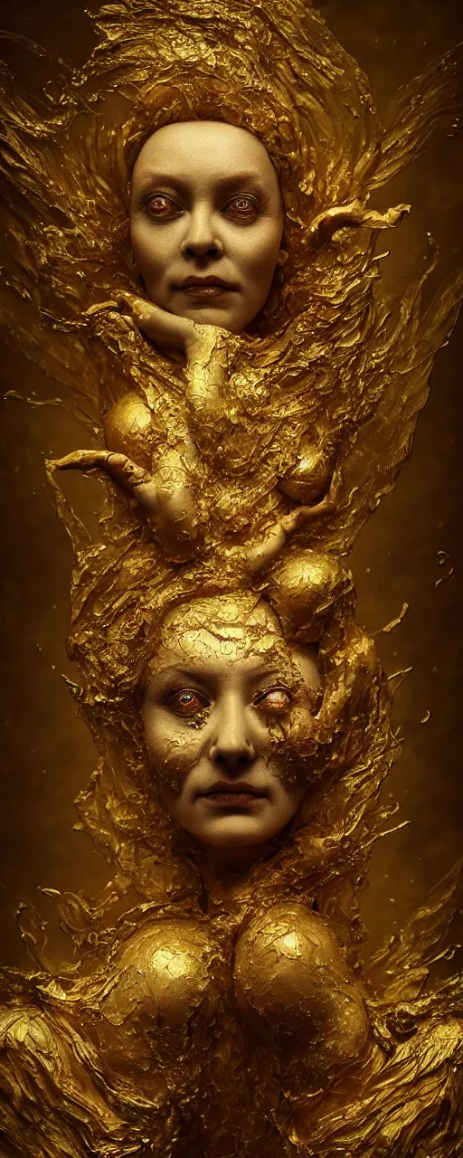 Image similar to Surreal portrait of a beautiful old goddess floating, Liquid gold simulation in background, ancient fairy dust, ultra super good realistic 3D render by Pete Morbacher and Emil Melmoth, insanely detailed, trending on artstation, sharp focus