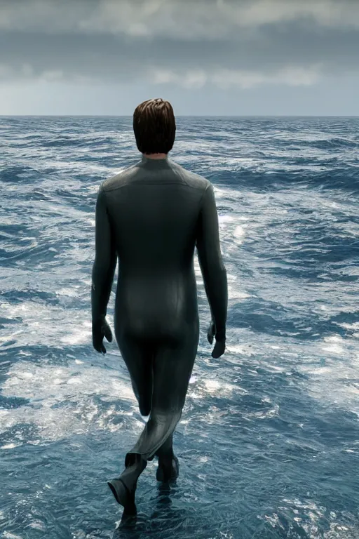 Image similar to Cillian Murphy wearing a old dive suit, walking out the ocean, dramatic, realistic, 8k, 4k, unreal engine