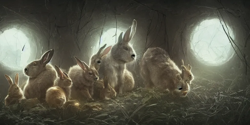 Image similar to fisheye lens shot of a family of rabbits, peter morbacher, ross tran, greg rutkowski, intricate details, trending on artstation, cinematic lighting, digital painting, sharp focus, no blur, octane render, artgerm