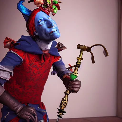 Image similar to Francis Lalanne as a jester, realistic, detailed, cinematic light, art by unreal engine 5 art