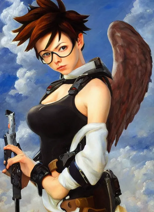 Prompt: oil painting of tracer overwatch in the style of sophie anderson, on knees, angel wings, black outfit,