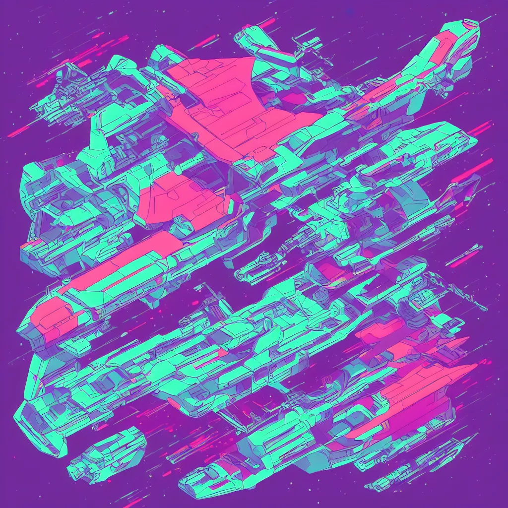 Prompt: spaceship, synthwave style, isometric illustration, technical drawing, vector art