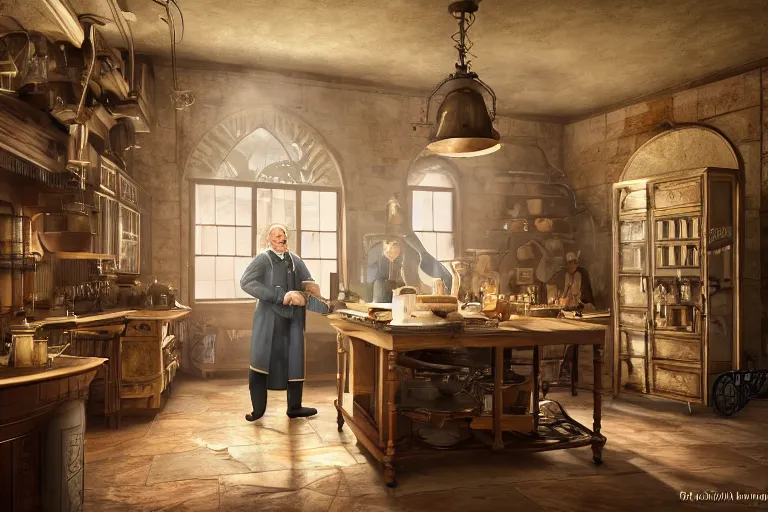 Image similar to [Benjamin Franklin is wearing an apron and cooking breakfast inside a steampunk kitchen], liminal space, high detail, rendered in unreal engine, 3d render, god rays, volumetric lighting, HDR, subsurface scatter, mansion, interior, large windows, rich house