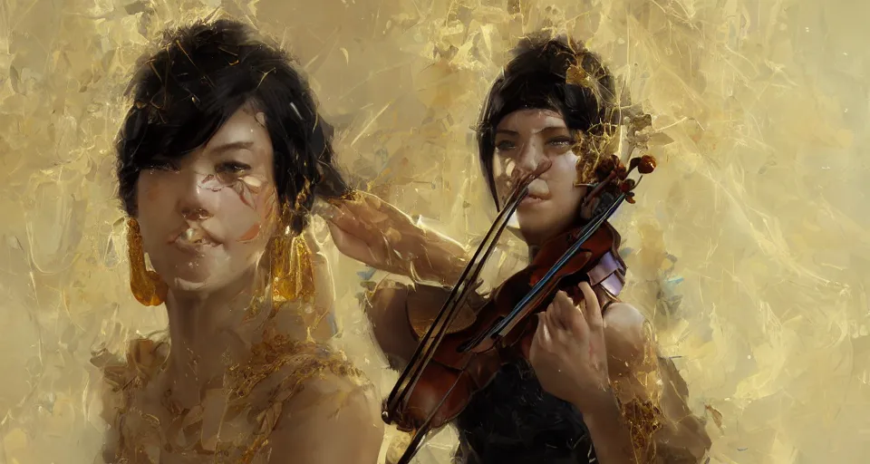 Image similar to craig mullins and ghibli digital art of masked female violinist, exotic costumes, gold jewelry, black hair unreal engine, hyper realism, realistic shading, cinematic composition, realistic render, octane render, detailed textures, photorealistic, wide shot