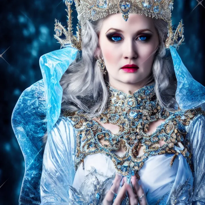 Image similar to full length photo of a very beautiful!! ice queen with ornate robes, highly detailed, 4 k, hdr, smooth, sharp focus, high resolution, award - winning photo