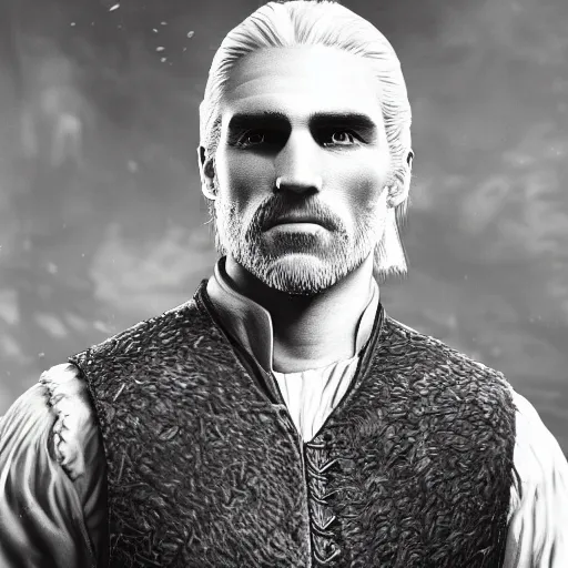 Image similar to wet plate photo of geralt of rivia dressed in colonial uniform