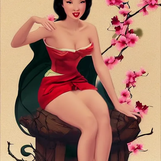 Image similar to pin - up portrait of a beautiful young mulan, pretty long hair, cherry blossoms, intense flirting, showing curves, symmetrical face, digital art, smooth, extremely detailed, model pose, by wu bayard, by gil elvgren, by ralph horsley, by hanks steve