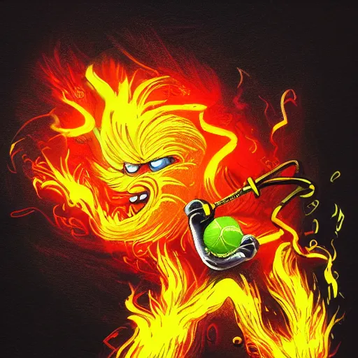 Image similar to a tennis ball monster ,tennis ball, fire, flames, lightning, rain, chalk, digital art, fantasy, magic, trending on artstation, ultra detailed, professional illustration by Basil Gogos