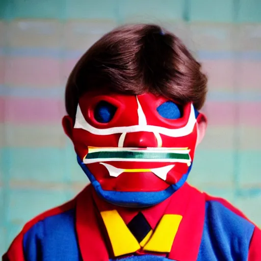 Prompt: 8 0 s school portrait of a boy wearing a luchador mask, wes anderson, realistic photo