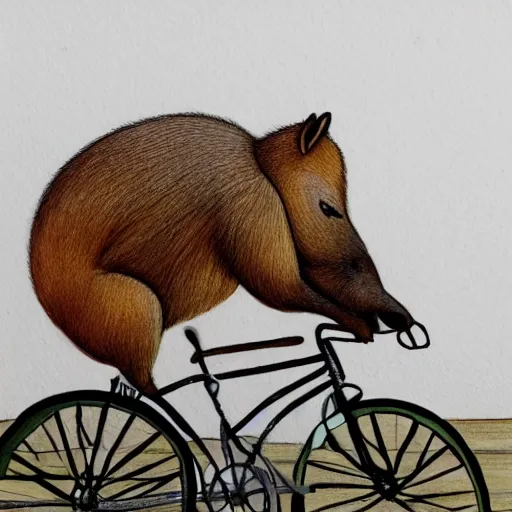 Prompt: a capybara drawing a bicycle on a white wall