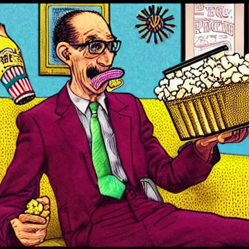 Image similar to The Artwork of R. Crumb and his Cheap Suit Orville Redenbacher tells you to eat his popcorn, pencil and colored marker artwork, trailer-trash lifestyle