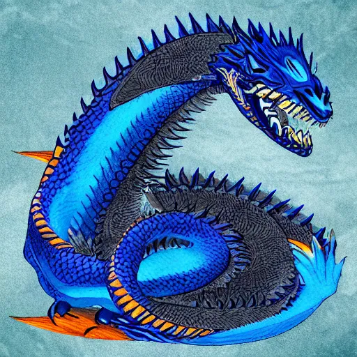 Image similar to blue dragon with a white belly and orange eyes award winning digital art