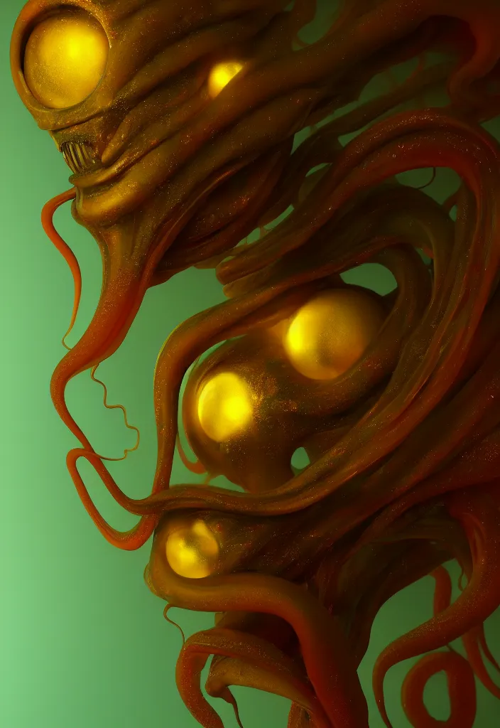 Image similar to subsurface scattering, alien made of soft wax, cgsociety, translucent, organic squid and ceramic art nouveau swirls, golden orbs, colored smoke, in the style of alberto seveso and ruan jia and beeple and giger, mystical colors, back light, rim light, dramatic lighting, 8 k, stunning scene, raytracing, octane render