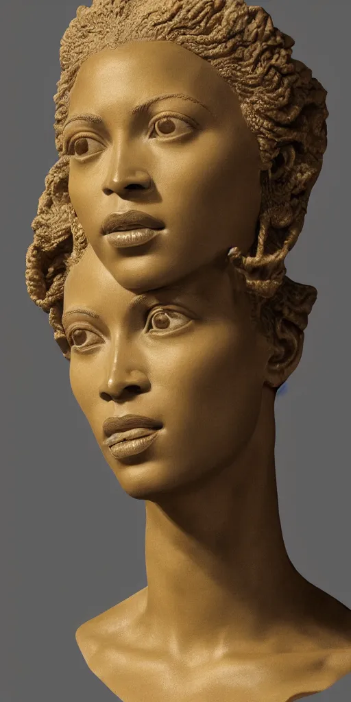 Prompt: detailed photo of ancient marble bust of beyonce, headshot, photorealism, intricate detail, museum diffuse lighting