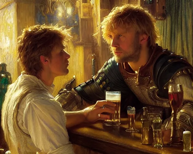 Image similar to attractive arthur pendragon and attractive lancelot go to a pub together to have some drinks. highly detailed painting by gaston bussiere, craig mullins, j. c. leyendecker 8 k