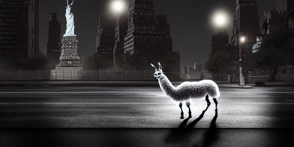 Image similar to a llama walking through a desolate manhattan city street at night, statue of liberty seen in the background, realistic 4 k octane beautifully detailed render, 4 k post - processing, highly detailed, detailed face, intricate complexity, epic composition, magical atmosphere, cinematic lighting, masterpiece, color picture, ultra hd