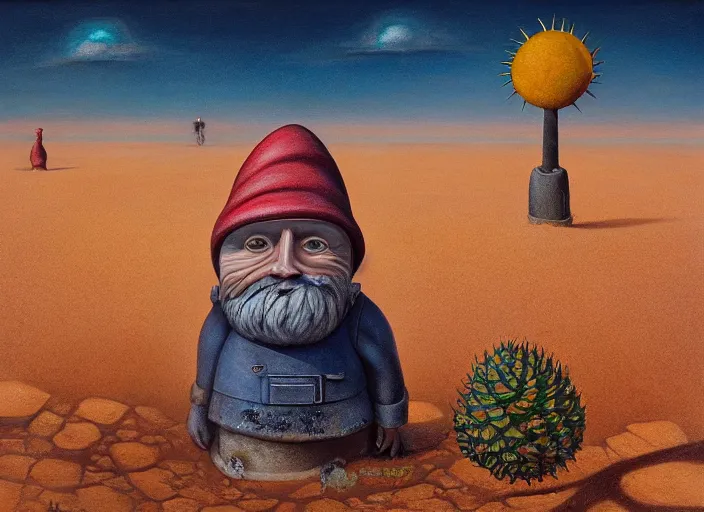 Image similar to a forgotten garden gnome in a vast barren desert, hopeless wasteland background with a relentless raging sun overhead, an ultrafine detailed painting by mark ryden, trending on deviantart, pop surrealism, whimsical, lowbrow, perfect symmetrical face