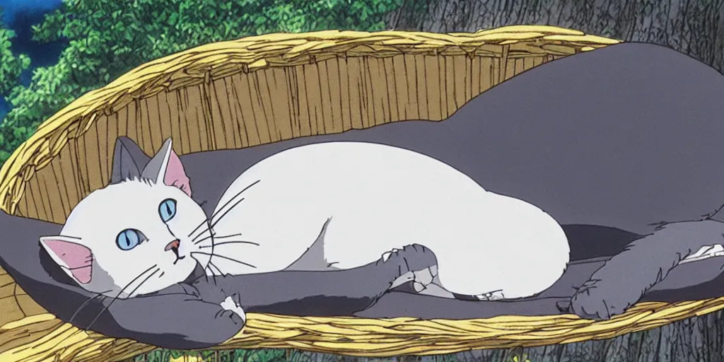 Image similar to grey european shorthair cat sleeping on a hammock, anime still by studio ghibli, by hayao miyazaki