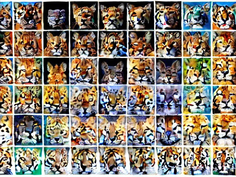 Image similar to multiple, side by side, epic card scans, portrait of different felidae including tiger, lynx, serval, cougar, ocelot, caracal, puma, leopard, panther, jaguar, highly detailed, digital art