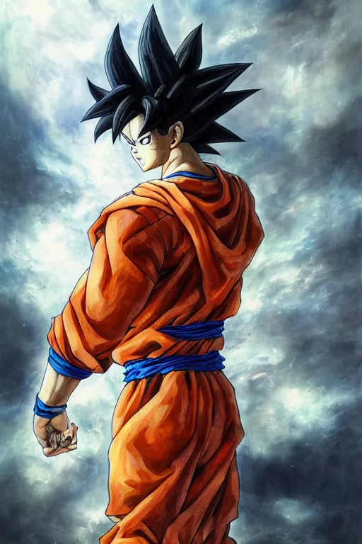 Prompt: breathtaking detailed painting of goku in the syle of ayami kojima, ruan jia and brom, in a soft nebulae sky with silver stained glass, 8 k, concept art, matte, sharp focus, rembrandt style