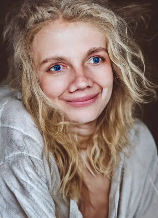 Image similar to homely but adorable blonde woman, healed scars and scratches across left cheek, wearyworn but optimistic expression, wearing beige pajamas and robes