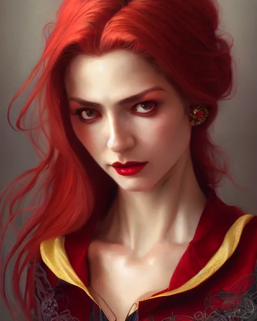 Image similar to female queen vampire, perfect face, gold waistcoat, red shirt, long grey hair, red necktie, cinematic, stunning, highly detailed, digital painting, artstation, smooth, hard focus, illustration, art by artgerm and greg rutkowski and alphonse mucha