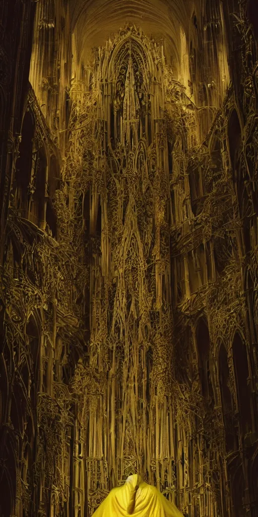 Image similar to a tall towering huge pale human wearing a yellow garment sitting upon an ornate stone throne, 4K, digital art, lovecraftian, artstation, horror, dramatic, wearing a long yellow rotting garment, dark, hyperrealistic, perspective, complex (((dark))) cathedral background with volumetric lights coming in through cathedral windows, dark background, highlights,