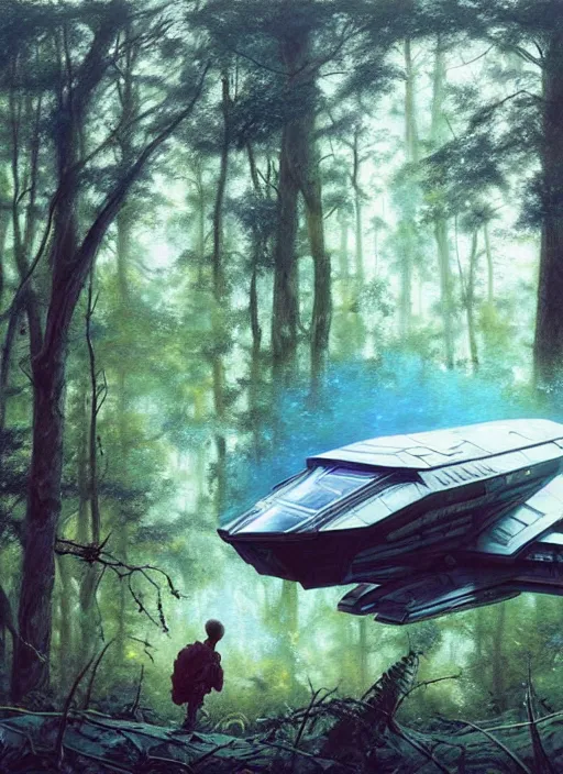 Image similar to hyper realistic spaceship in the woods by a river gorgeous lighting, lush forest foliage blue sky a hyper realistic painting by chiara bautista and beksinski and norman rockwell and greg rutkowski, weta studio, and lucasfilm