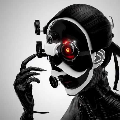 Image similar to a person in a black and white outfit with a mask on, cyberpunk art by ryusei kishida, featured on cgsociety, panfuturism, daz 3 d, 8 k 3 d, polycount