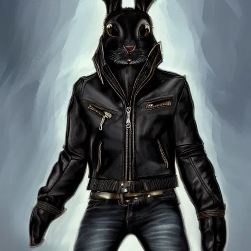 Prompt: A bunny with a small head wearing a fine intricate leather jacket and leather jeans and leather gloves, trending on FurAffinity, energetic, dynamic, digital art, highly detailed, FurAffinity