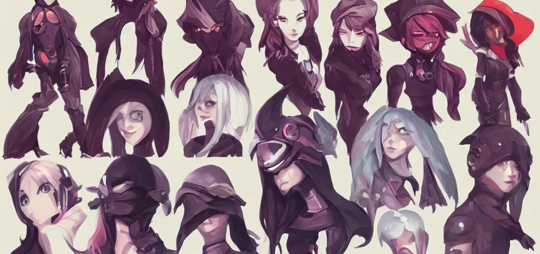 Image similar to concept art of female video game characters head designs, gothic, disgaea, flcl, overwatch, unique silhouettes, cute casual streetwear, by marc brunet and artgerm