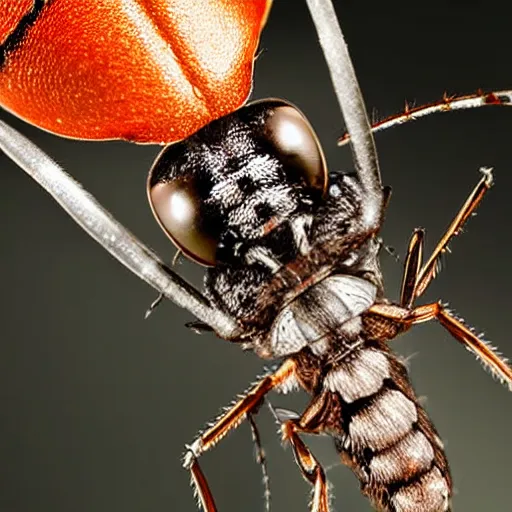 Prompt: a sharply detailed, focus-stacked, microscopic close-up of a tiny mosquito - George Washington hybrid insect