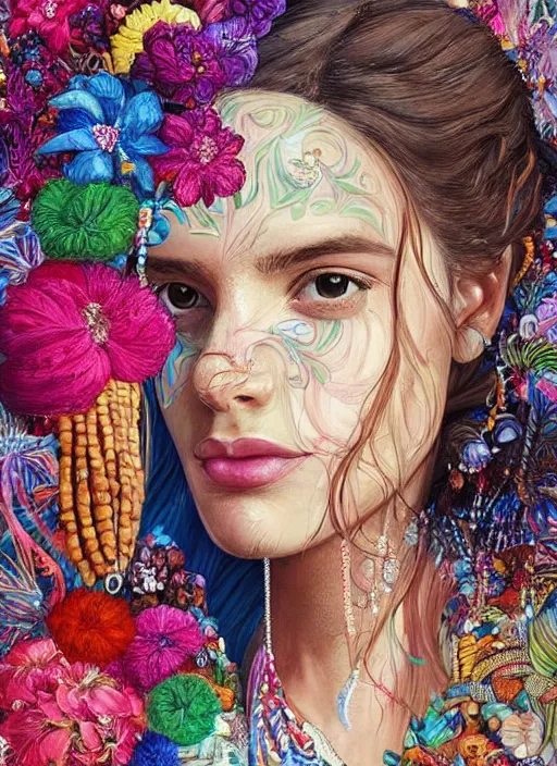 Image similar to beautiful portrait of a mediterranean female wearing fantastic Hand-dyed cotton dress, embellished beaded feather decorative fringe knots ,colorful pigtail,subtropical flowers and plants,symmetrical face,intricate,elegant, highly detailed, 8k,post-processing,digital painting, trending on pinterest, arper's bazaar,concept art, sharp focus, illustration, by artgerm,Tom Bagshaw,Lawrence Alma-Tadema,greg rutkowski,alphonse Mucha