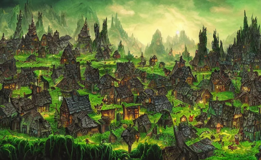 Image similar to A green goblin village, mining