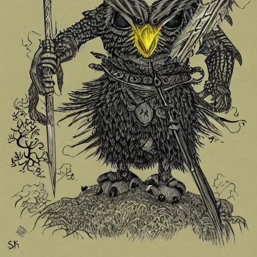 Image similar to Anthropomorphic black owl knight with yellow eyes, holding a large spear, shambling in a forest at night while twisting its head, full body shot, Intricate detail, in the style of Kentaro Miura,