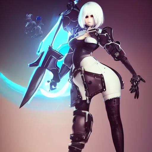 Image similar to full body shot of 2B (Nier Automata) as a Starcraft 2 character, artstation cgsociety highly-detailed