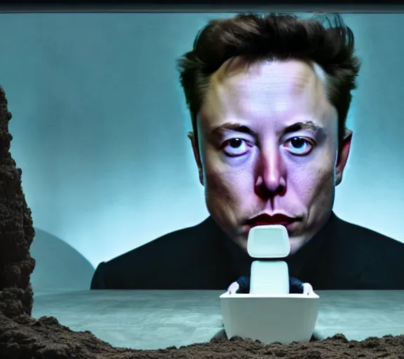 Image similar to hyperrealism aesthetic ridley scott and denis villeneuve style photography of a detailed giant elon musk, siting on a detailed ultra huge toilet and scrolling his smartphone in hyperrealism scene from detailed art house movie in style of alejandro jodorowsky and wes anderson