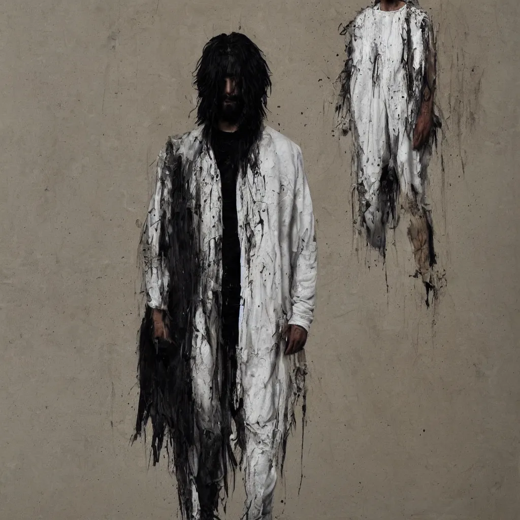 Image similar to a full body lookbook portrait of modern - day jesus wearing cream yeezy and fear of god menswear collection by nicola samori, detailed, oil painting, hyper - realistic, 8 k, yeezy collection