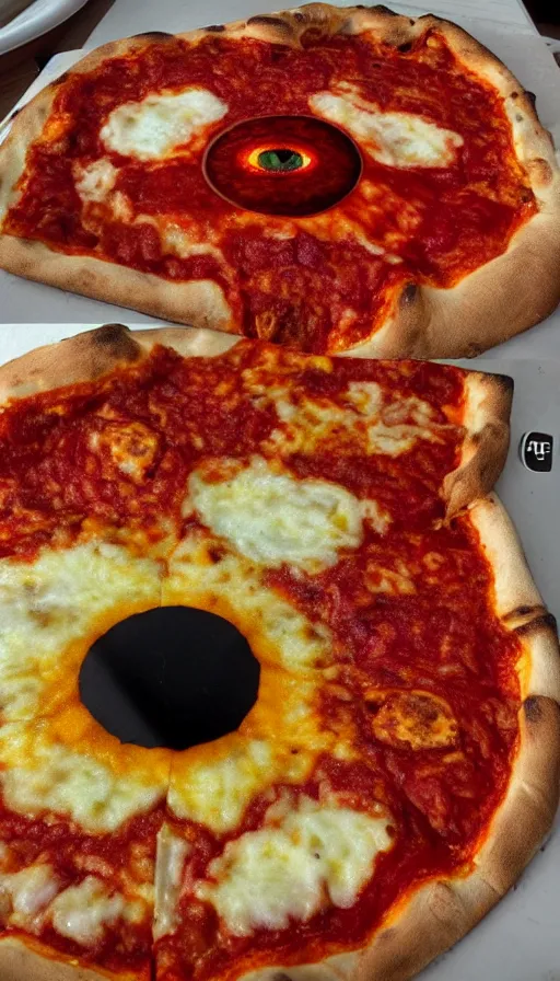 Image similar to the eye of sauron on top of a pizza nova, photorealistic,