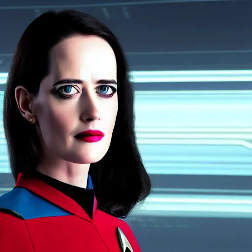 Image similar to a portrait of 3 0 year old eva green as a star fleet officer from star trek next generation, ultra rendered, extreme realism and detail, 8 k, highly detailed, realistic, completely framed, hyper realistic, colorful, direct lighting, 3 5 mm photo, photorealistic, sharp focus