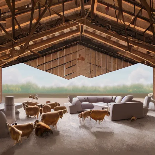 Image similar to interior view of modern futuristic farm barn architecture and interior design, lounge chairs, sofas, cows, chickens, pigs, wall art, detailed luminescent oil painting 4 k
