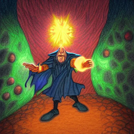 Prompt: Colored Pencil Drawing of a Panicked Terrified Wizard Levitating Through a Dim Cavern and Firing Bright Orbs and Beams of Magic from His Wand