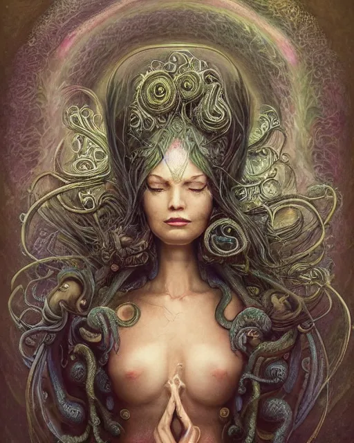 Image similar to centered beautiful detailed front view portrait of a woman with ornate tentacles growing around, ornamentation, flowers, elegant, beautifully soft lit, full frame, by wayne barlowe, peter mohrbacher, kelly mckernan, h r giger