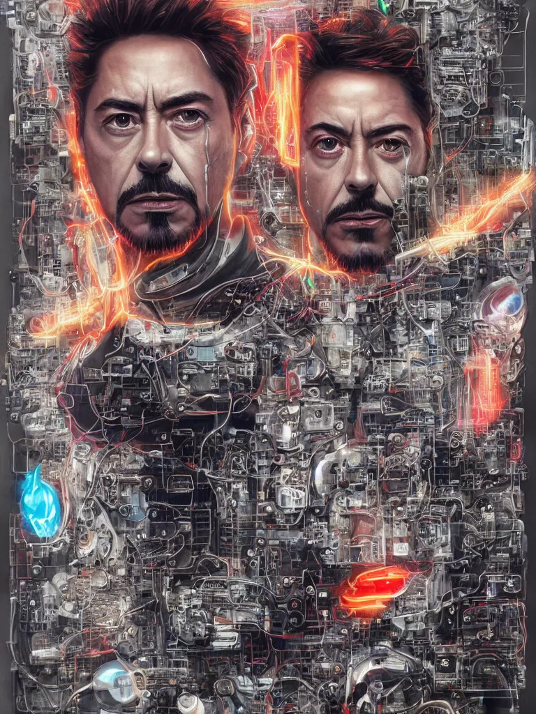 Prompt: portrait of computer & circuits, melting, tony stark, 8 k, by tristan eaton, stanley artgermm, tom bagshaw, greg rutkowski, carne griffiths, ayami kojima, beksinski, giger, trending on deviantart, face enhance, hyper detailed, minimalist, cybernetic, android, blade runner, full of colour, super detailed